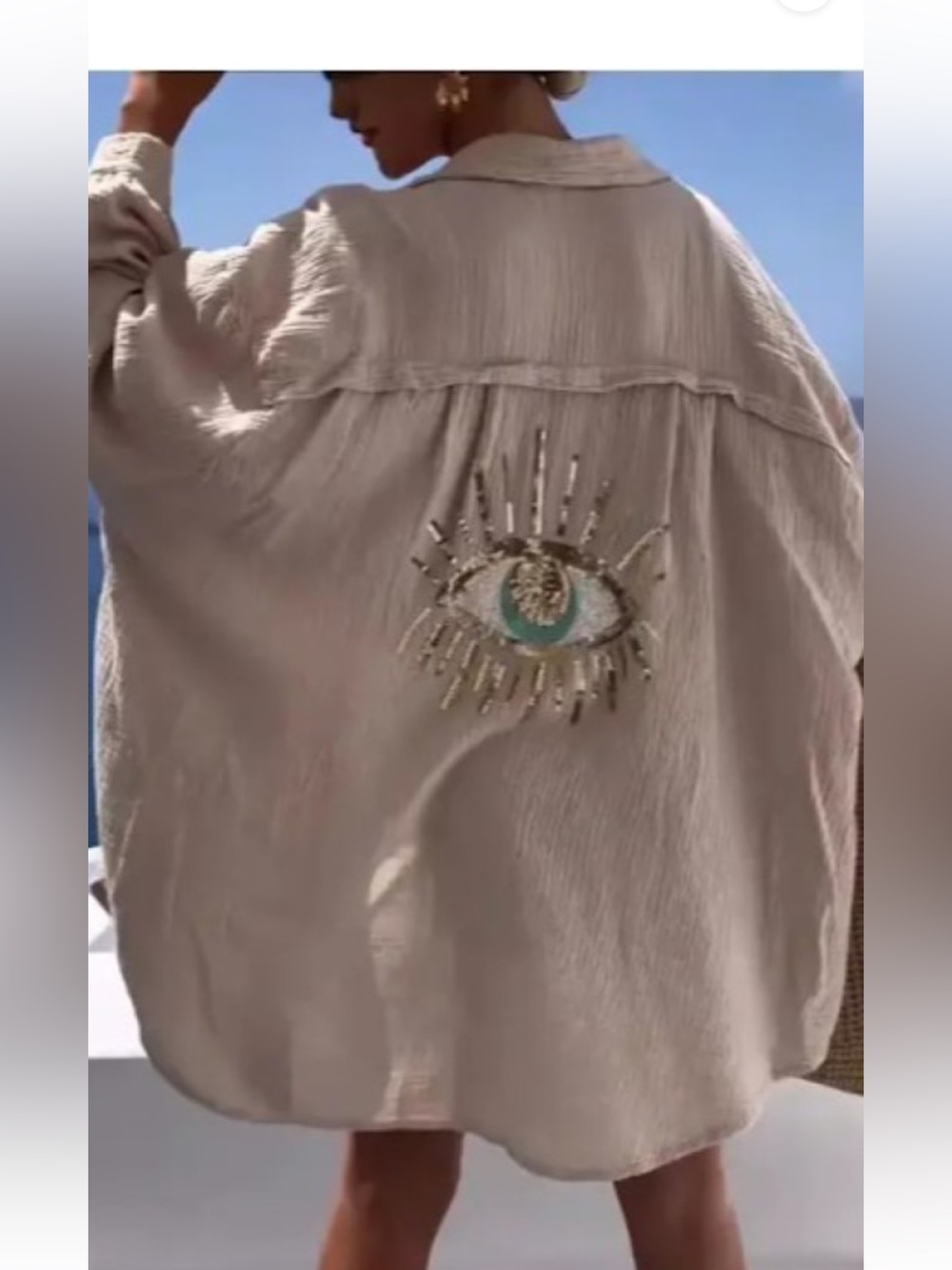 ShopEvelynne Beige Oversized Eye-Embellished Shirt Jacket